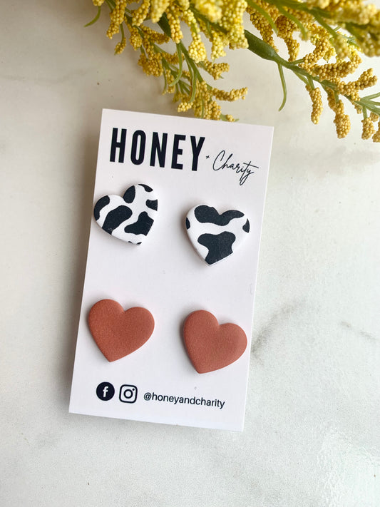 Cow Print Heart Stud Pack